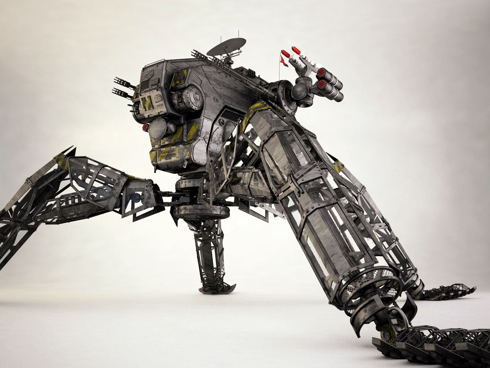 this is a 3d render of a heavily armed robotic walking machine. it is heavily armored and has multiple cannons protruding from its body. it has large legs that can be seen in the front, but it appears to have many more off camera. the image is rendered against a plain white background.