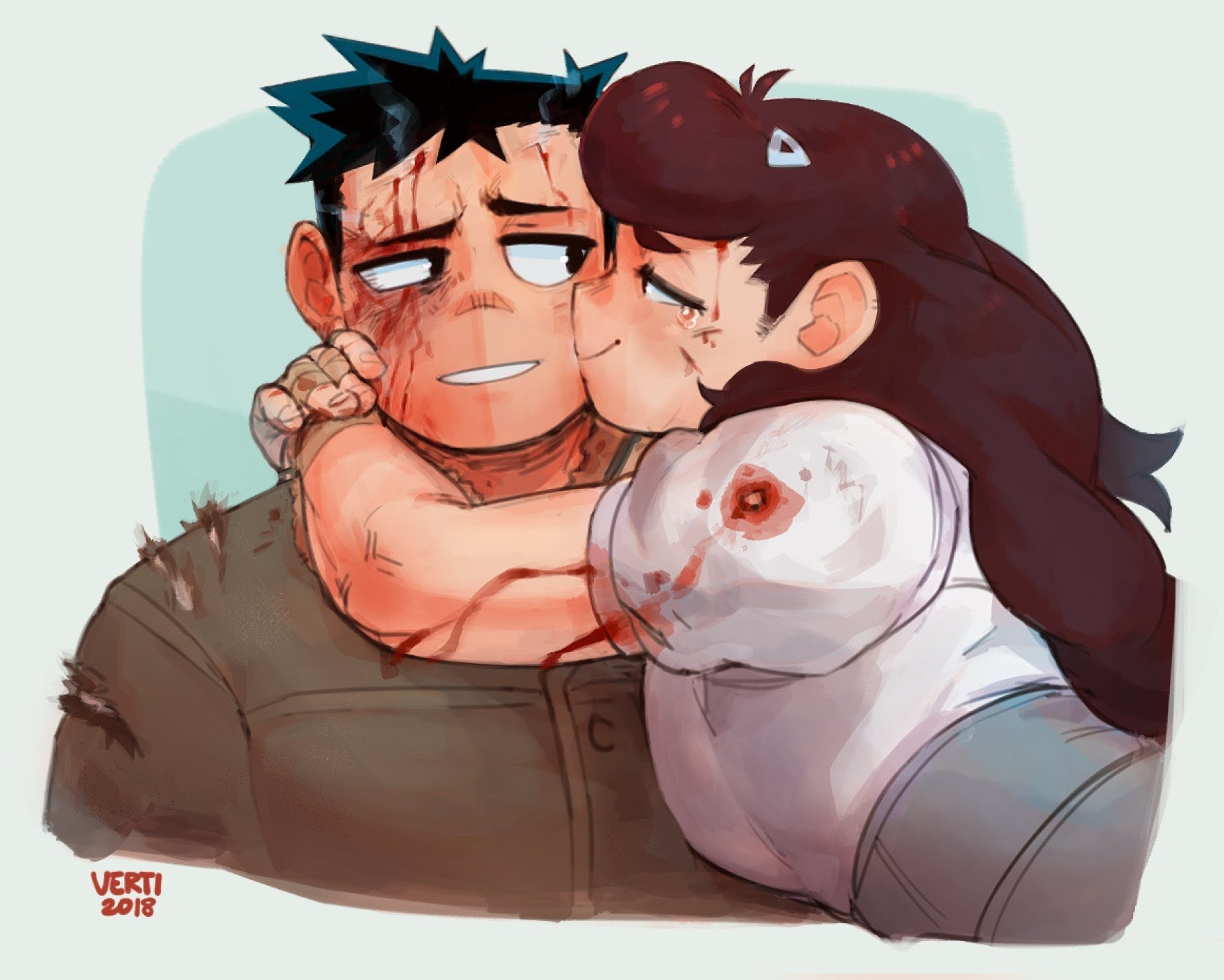 the image depicts an anime couple embracing each other. the male character has several visible wounds on his face, and the female character has a wound on her shoulder. they are both looking at each other, with the female character kissing the male on the cheek. the male character appears to be wounded and tired, but he looks happy and comforted by the female character's affection. the background is a simple blue and white pattern. the image is drawn in a cartoon style, with vibrant colors and dynamic poses. overall, the image conveys a message of love, hope, and support in the face of adversity.