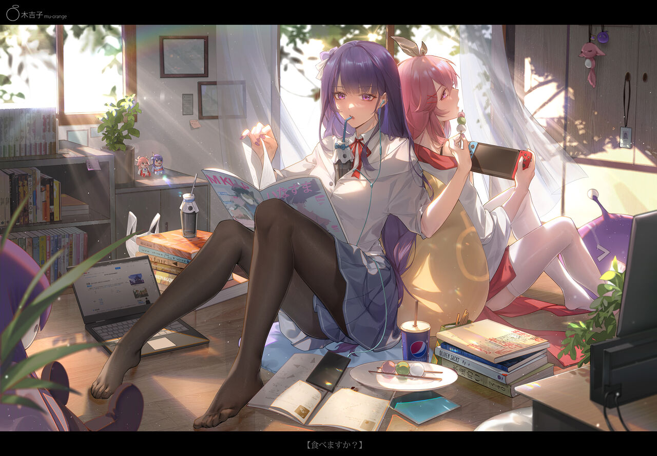 the image is a digital illustration featuring two anime girls relaxing in a sunlit room. one girl with purple hair is reading a magazine while the other girl with pink hair is playing a nintendo switch. they are sitting on the floor surrounded by books, a laptop, drinks, and snacks. the room is decorated with plants and bookshelves. the overall atmosphere is cozy and comfortable.