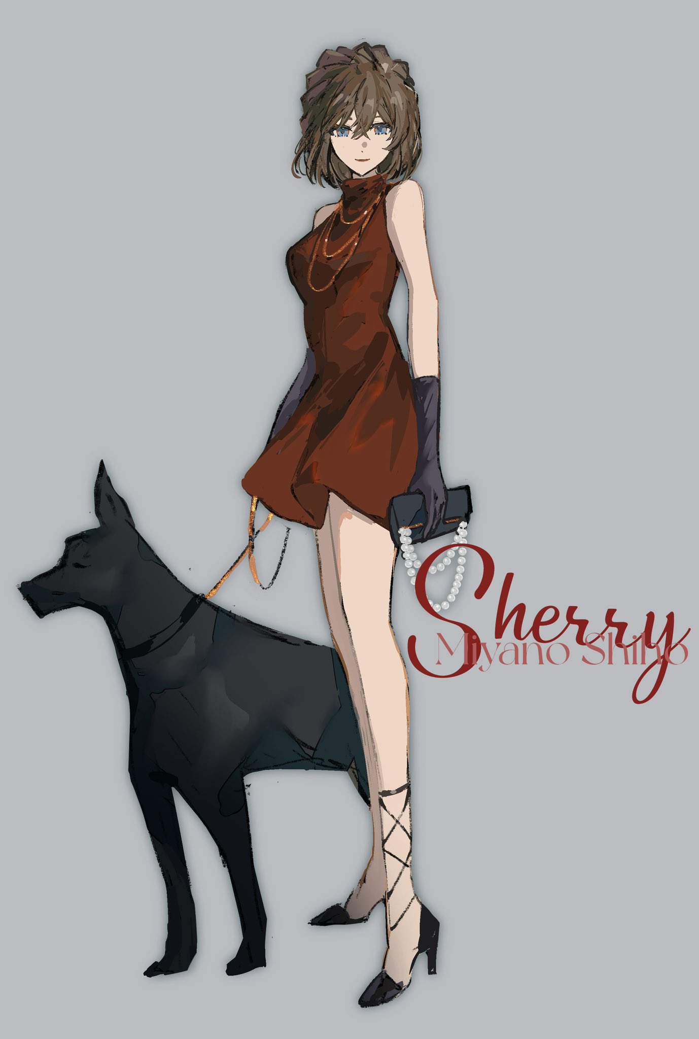 this is a digital illustration of an anime character wearing a red dress and black shoes. she is holding a black handbag and has a black dog at her side. she has a pearl necklace and black gloves.