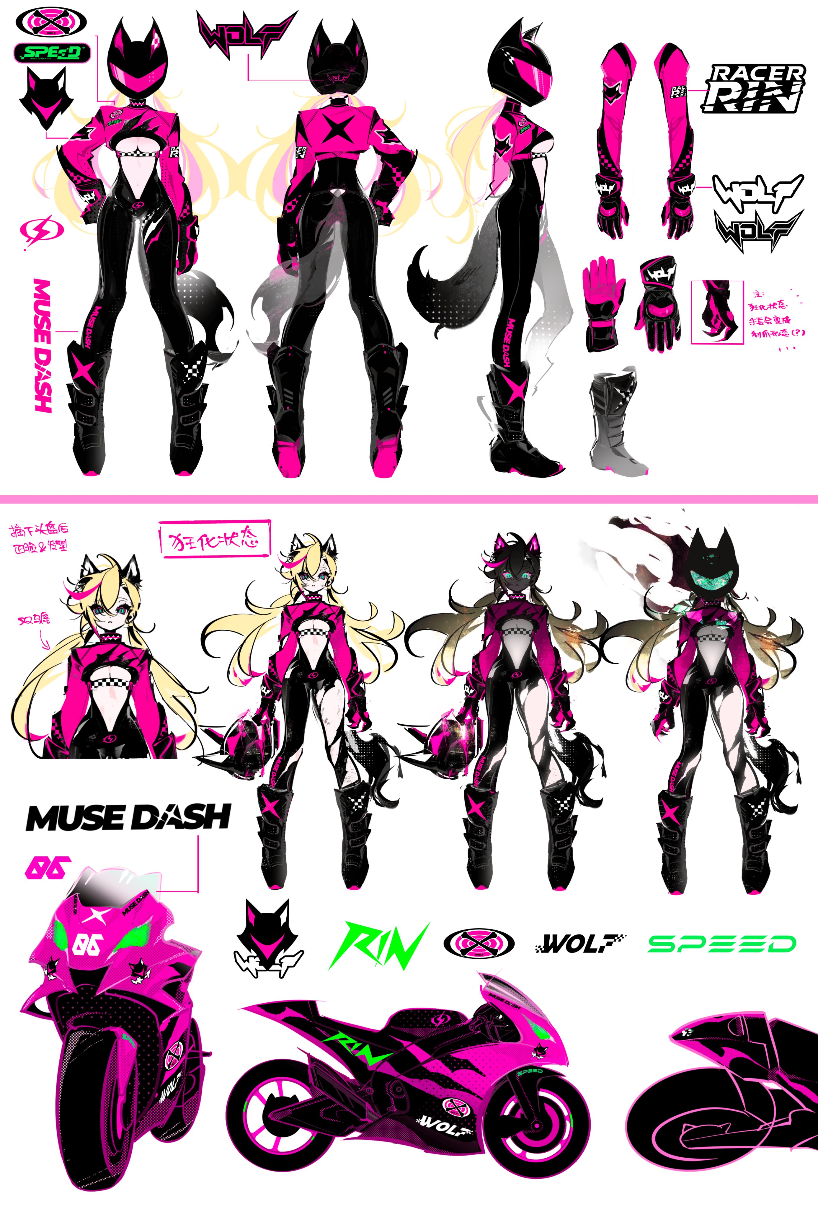 the image is a design sheet for a fictional anime character, showcasing different poses of the character and different versions of the character's motorcycle. the design is heavily inspired by japanese anime and manga, featuring bright colors, exaggerated features, and a futuristic aesthetic. the character is a young woman with long blonde hair and a pink and black racing suit. she is wearing a helmet and gloves and is posed in various dynamic stances. the character also has a wolf motif, with a wolf symbol on her suit and helmet. the design also incorporates a detailed motorcycle with a pink and black color scheme, a wolf logo, and the character's name "rin" displayed prominently. the image is vibrant and energetic, reflecting the character's role as a racing driver.