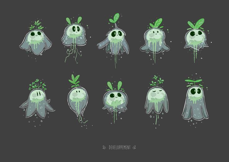 the image shows ten cartoon creatures on a dark grey background. each creature has a semitransparent, greyishblue body shaped like a bell or blob with what appear to be dripping or flowing green patterns inside. each also features a small green plant or sprout growing from the top of their head, adding a whimsical and plantlike element. each creature has a unique facial expression including neutral and smiling faces with small dark eyes. some creatures have rootlike tendrils or appendages extending from the bottom of their bodies, giving the impression of floating or growth. the illustration style is cartoonish with soft lines and muted colors.