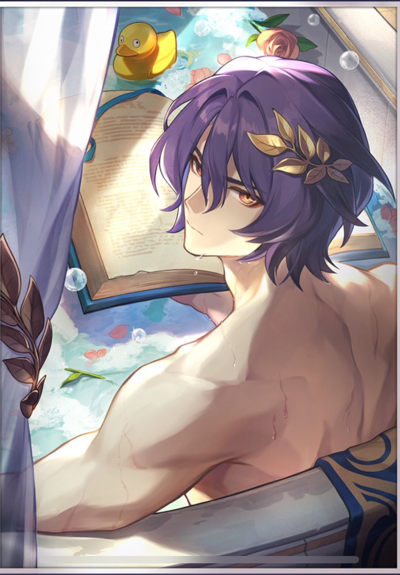 this is a digital illustration of an anime character, a young man with long purple hair and a golden crown, relaxing in a bathtub. he has a book in his lap and a yellow rubber duck
