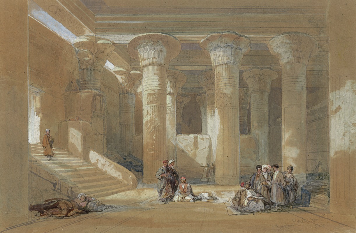 this watercolor painting depicts the interior of an ancient egyptian temple, likely in luxor. the scene features large, ornate columns with lotuslike capitals, dominating the space. groups of people are scattered throughout the temple, some sitting on the floor, others standing and conversing. a lone figure ascends a set of stairs on the left side of the composition. the lighting creates a dramatic effect, with strong shadows highlighting the grandeur and age of the ruins.