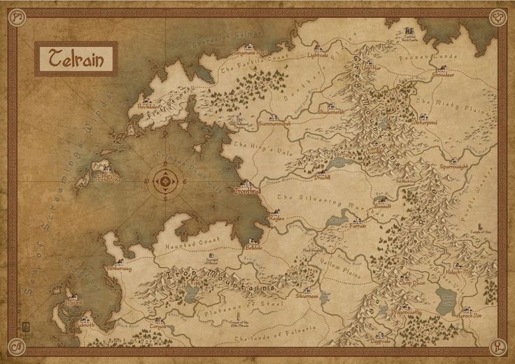this image is a fantasy map depicting a fictional world called telrain. the map features a large, central continent surrounded by vast oceans and islands. it is richly detailed with various geographical features such as mountains, valleys, forests, plains, rivers, lakes, and cities. the map also includes a compass rose for navigation, and the names of the landmasses and locations are displayed in a medieval font style. the map is drawn on parchmentlike material, lending an ancient and mystical feel to the artwork. this image is perfect for tabletop gaming, worldbuilding, or any fantasythemed project that requires a detailed and imaginative map.
