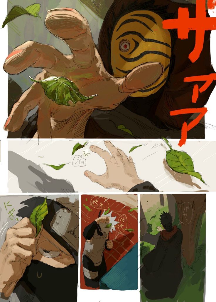 the image is a comic book panel depicting a scene from an anime or manga series. the main character, a masked ninja, is shown in a dynamic pose, with his hand outstretched and several leaves floating around him. the panel is divided into three parts, each featuring different aspects of the scene. the upper panel shows the character's hand reaching out, with the mask covering his face. the middle panel shows a closeup of the character's hand, with a series of leaves falling down around it. the lower panel shows a closeup of the character's face, with his mask partially removed. the overall tone of the image is actionpacked and dynamic. the bright colors and dynamic poses of the characters convey a sense of excitement and energy. the scene suggests a confrontation between the main character and another opponent, and the leaves falling around him suggest that a battle is taking place. the image is drawn in a colorful and detailed style, with a sense of dynamism and movement. the use of light and shadow adds depth and dimension to the image, creating a sense of realism.