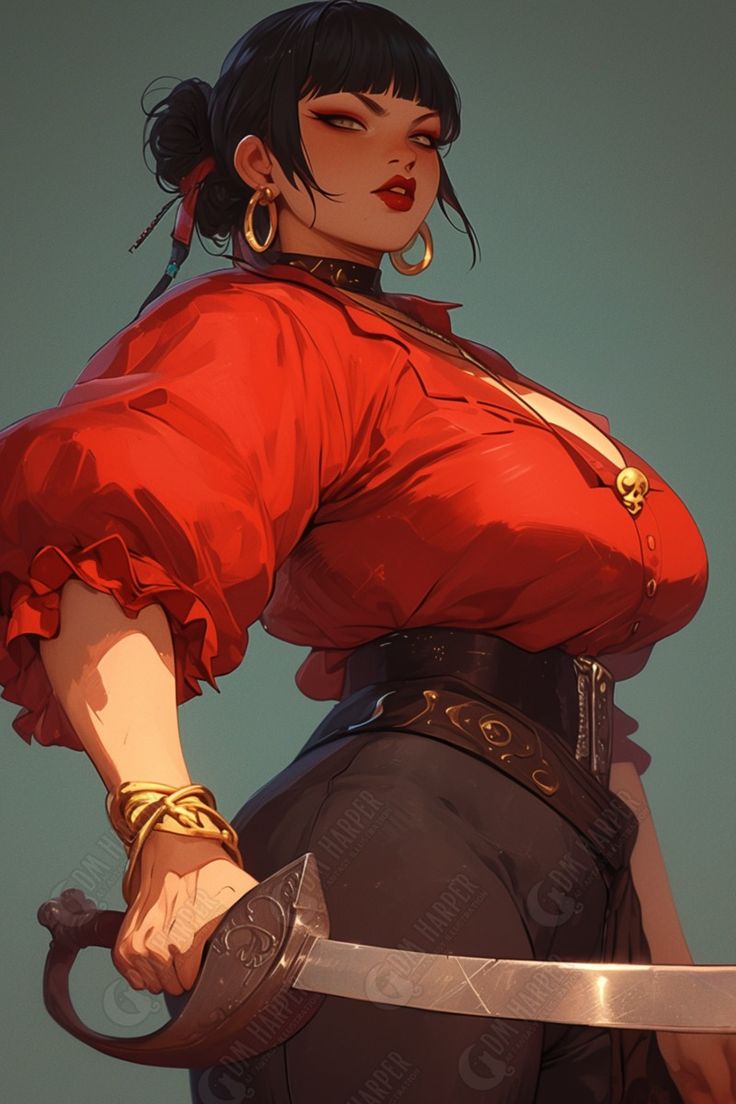 the image is a digital painting of a female pirate. she has dark hair styled in an updo, and is wearing a vibrant red, ruffled blouse, black pants, and a black corsetlike belt with gold details.  she's adorned with large gold earrings and a gold bracelet.  her expression is confident and slightly smirking.  she holds a cutlass (a short sword) in her hand, emphasizing her character as a pirate.  the style is highly detailed and painterly, giving the artwork a stylized yet realistic feel. the background is a muted teal/green. the overall mood is strong, alluring and confident.