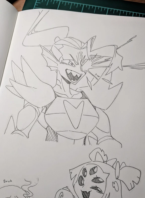 a black and white drawing of an anime character. the character is a girl with large eyes and a menacing expression. she appears to be wearing a suit of armor, and her hair is styled in a spiky manner. the drawing is done in ink and is somewhat sketchy in nature. the girl looks as if she is trying to attack something.