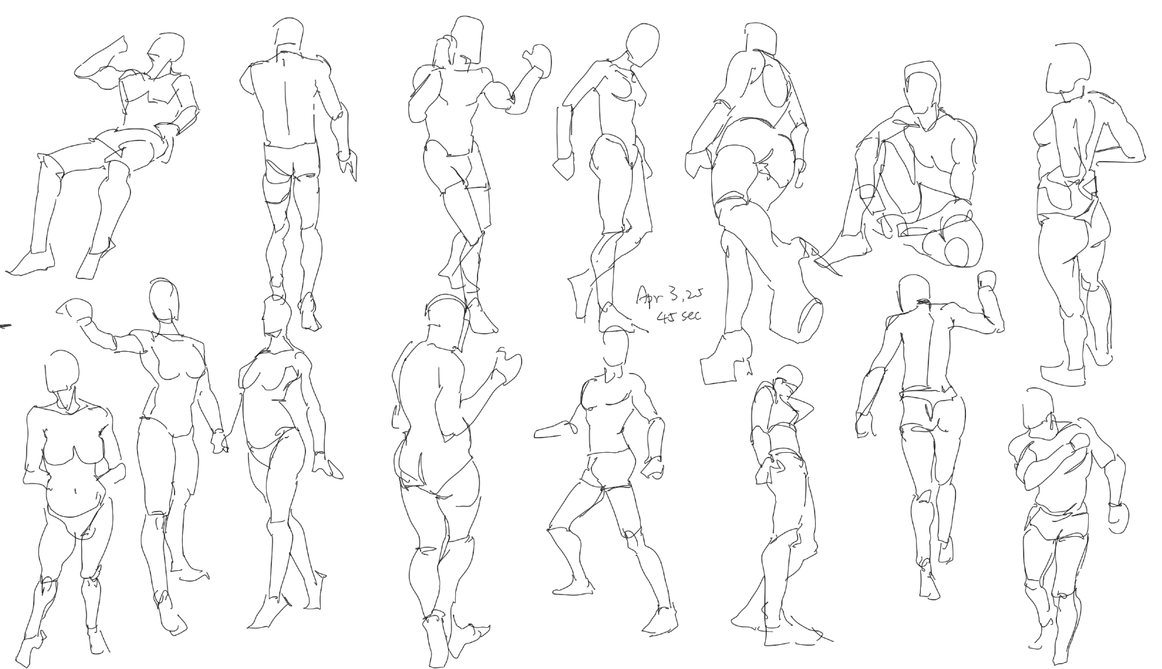 a collection of figure drawings in a sketchlike style, depicting various human poses, including standing, sitting, reclining, and action poses. the drawings are rendered in black and white line art, focusing on capturing the gesture and form of the human body. some figures appear to be boxers, while others are in more relaxed or dynamic positions. the image shows a study of human anatomy and movement.