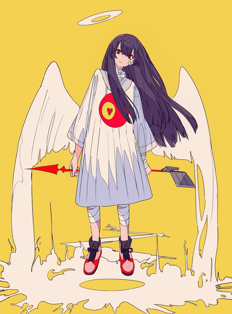 he image is a digital illustration of an animestyle girl with large angel wings. she has long purple hair, a white dress with a red heart on the chest, and is wearing red shoes and bandages on her legs.  she holds a red spearlike weapon.  she's surrounded by a stylized, paintsplatter effect, and she has a halo above her head. the background is a solid yellow. the style is distinctly modern and stylish, with a slightly surreal or dreamlike quality.