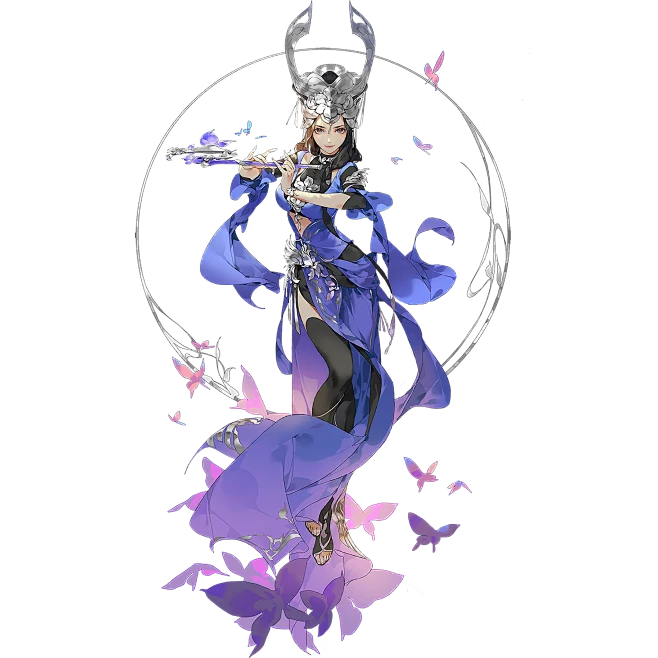 the image features a woman in an ornate, flowing purple dress with a fantasyinspired design. she wears an elaborate headdress adorned with horns and plays a flute. her attire and the flowing fabric evoke a sense of elegance and movement.  she is surrounded by stylized butterflies, further enhancing the fantastical atmosphere. the overall color palette is cooltoned, with purples and blues dominating the composition.  the background is black, making the subject pop.