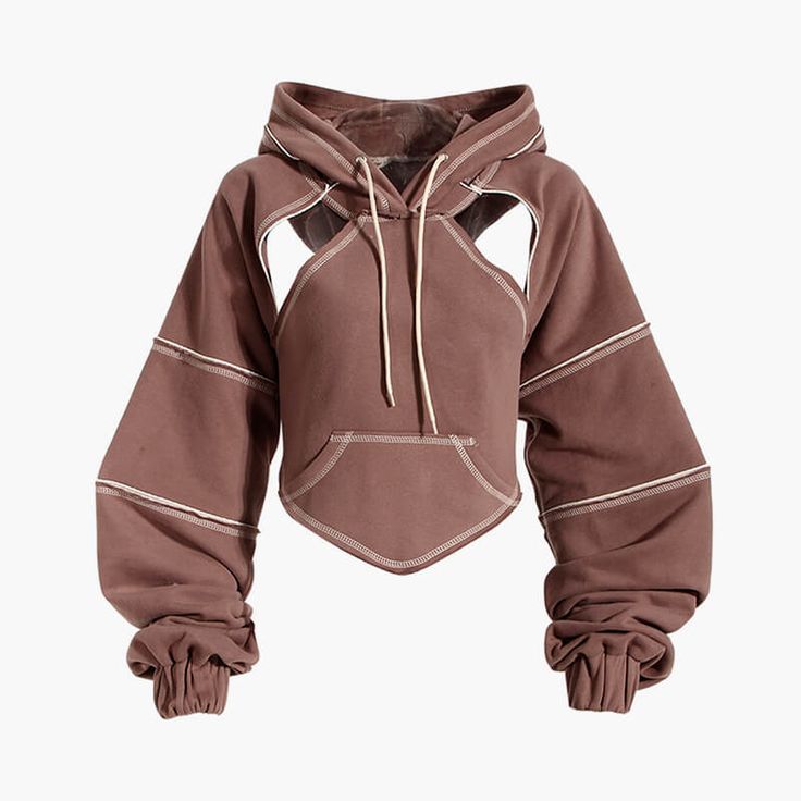 a brown oversized hoodie with cut outs on the front and white stitching. the hoodie is cropped and has a loose fit.