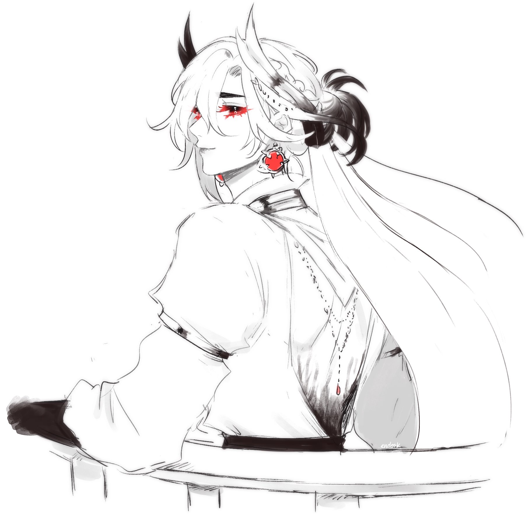 a sketch of an anime character, a male with white hair and horns, wearing a white longsleeved shirt with a red gem necklace, red eyes, and a black glove, looking to the right. he is in the middle of drawing. the style of the drawing is simple and rough, with the background being empty.