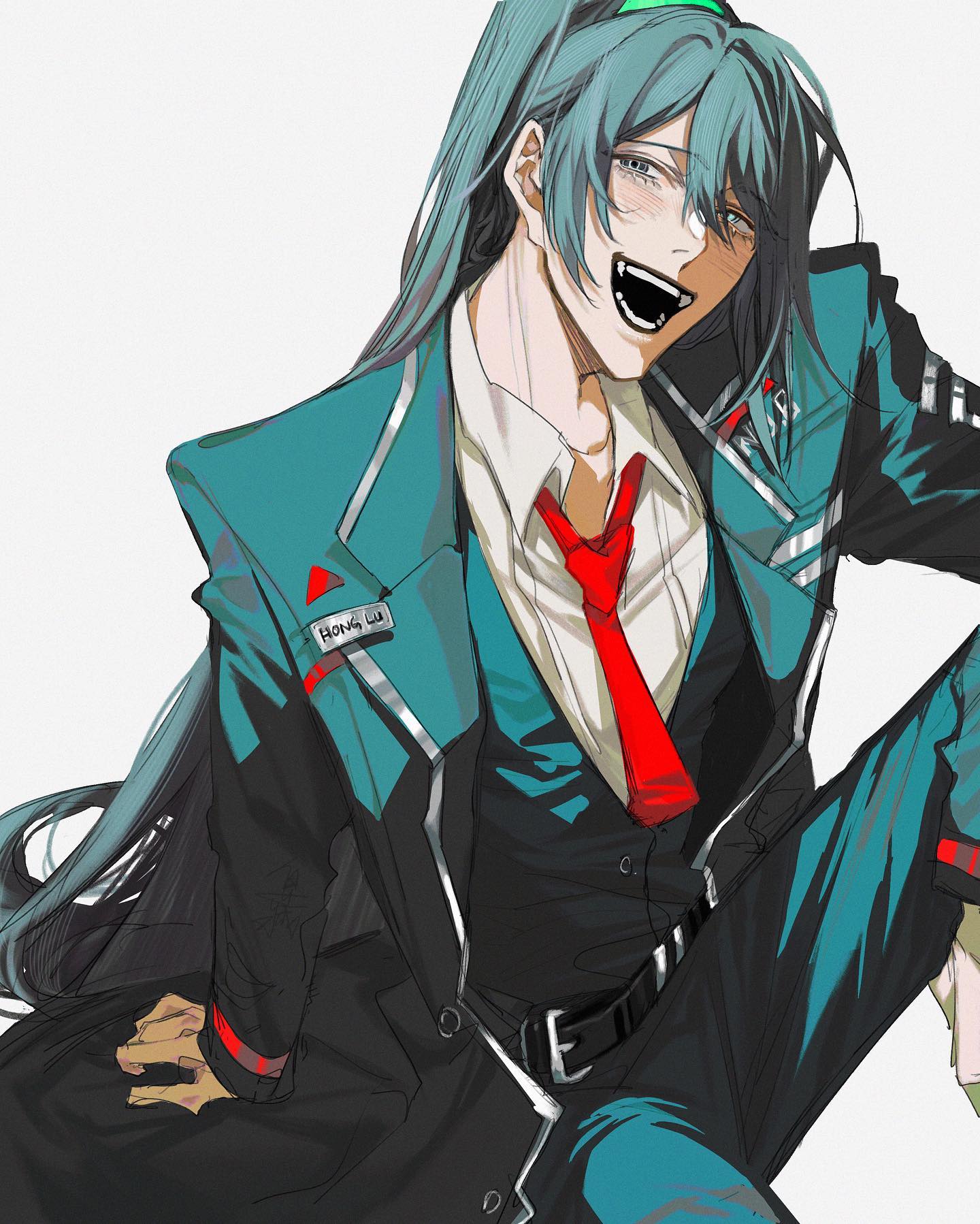 the image is a digital drawing of an animestyle male character. he has long, teal hair styled in a high ponytail. he's wearing a teal and black suit with a red tie and a name tag that reads "hong wu". the character has a confident and slightly mischievous expression with a wide, slightly unnerving smirk, expressive eyes, and a noticeable blush on his cheeks.  his pose is relaxed but also assertive. the art style is dynamic and uses a variety of shades and highlights to give a sense of depth and texture to the clothing and hair. the background is plain white, focusing attention entirely on the character.
