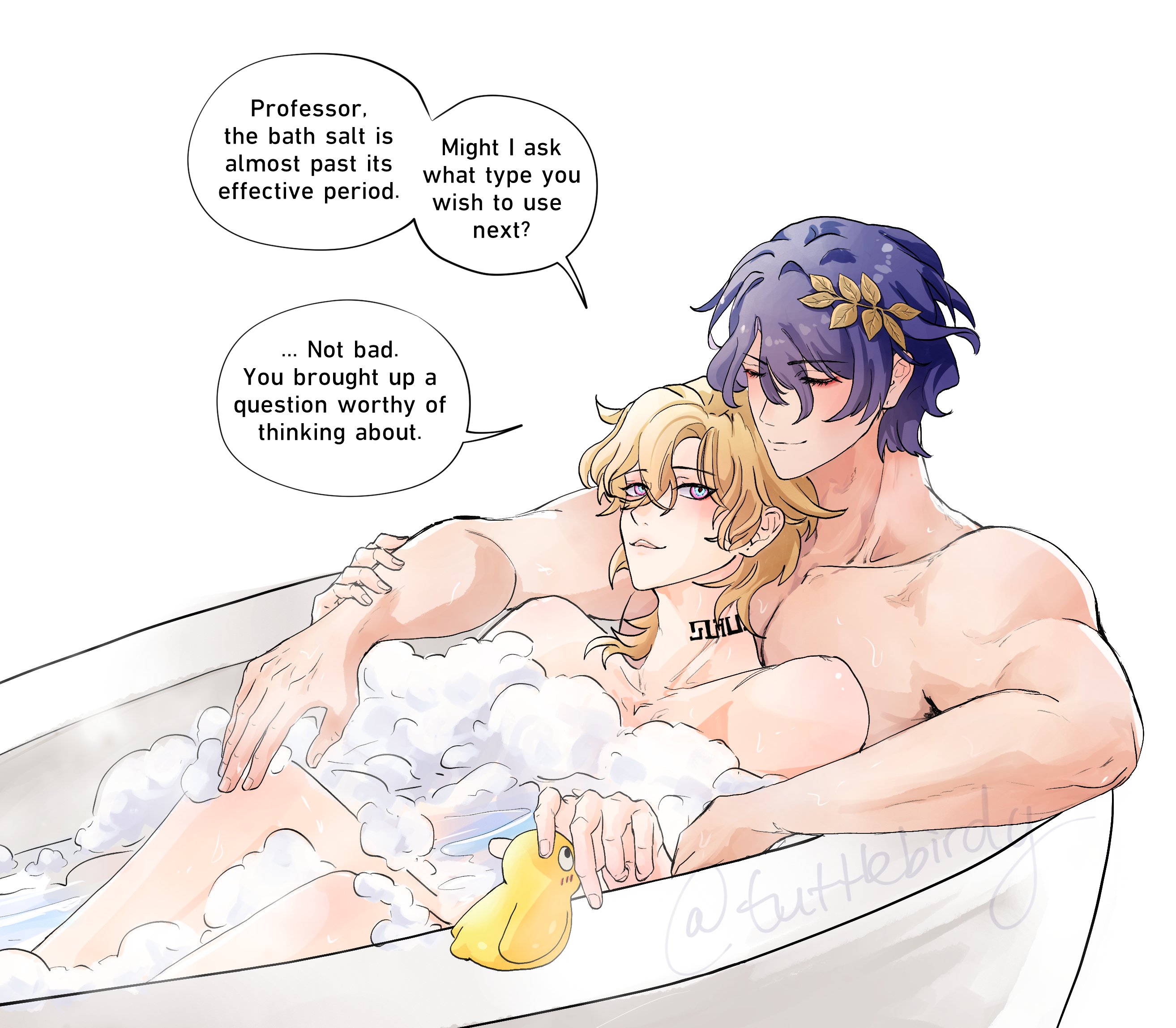 he image is a digital drawing or illustration depicting a romantic scene between two men in a bathtub. one man, with purple hair and a laurel wreath, is embracing the other, who has blonde hair.  there are speech bubbles showing a conversation, one man asking about the bath salt and the other responding thoughtfully.  the scene is intimate and relaxing, with bubbles in the bath tub. the art style is anime or mangainspired, with soft lines and pastel colours.  a small rubber duck is visible in the bath. the men are shirtless and display intimacy. the illustration has a warm and inviting feeling.