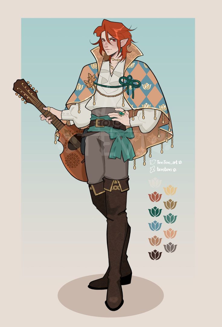 a digital illustration of a fantasy character. the character is male and appears to be an elf or human. he has red hair, blue eyes, and is wearing a brown cloak with gold and green accents. he is holding a lute and has a friendly, cheerful expression on his face. he is standing in front of a blue and light green background, and there are swatches of colors used to create the illustration underneath him.
