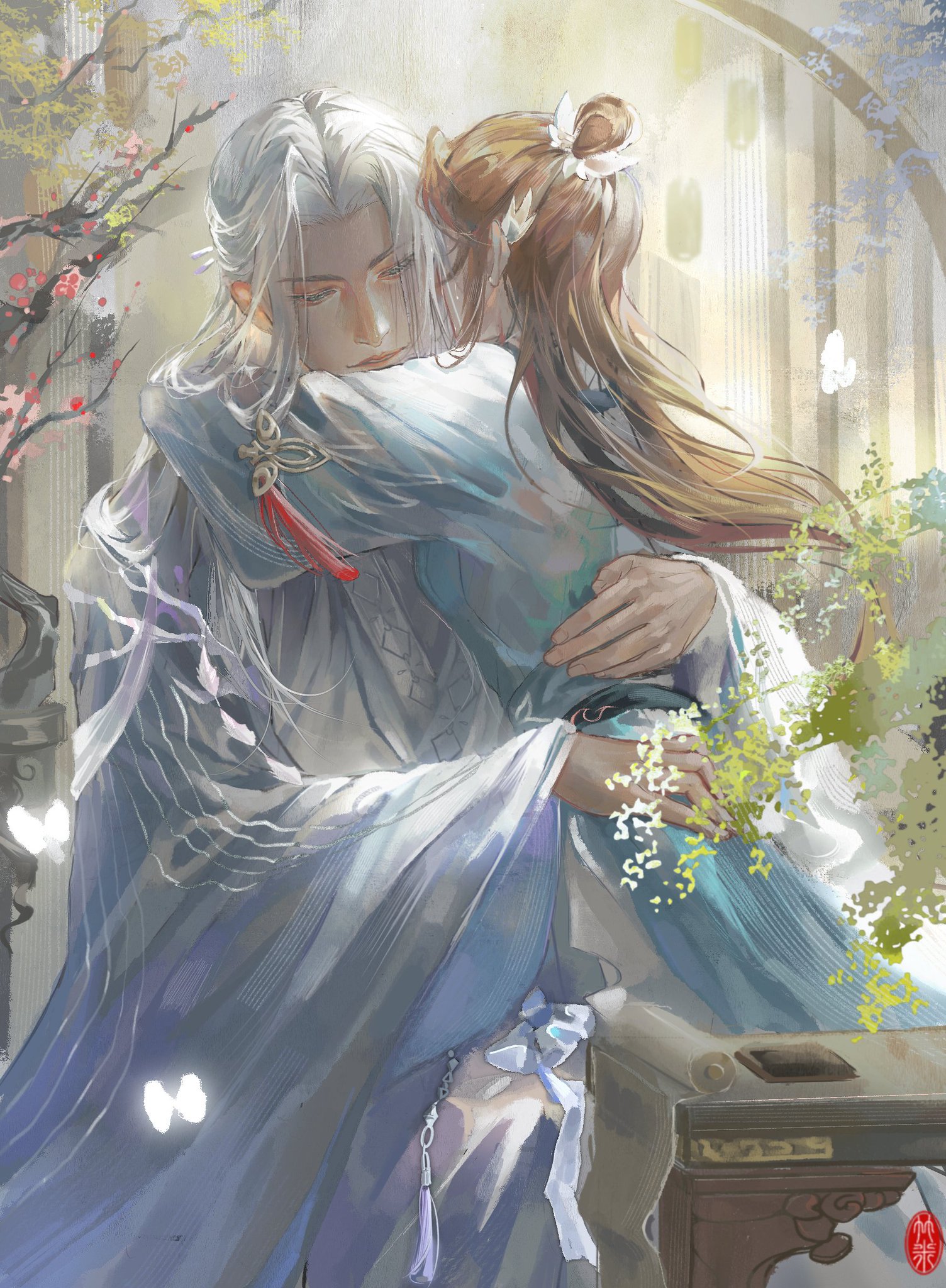an animestyle illustration depicts a romantic couple embracing each other. the man, with long white hair, is dressed in a flowing white robe with intricate details, while the woman with long brown hair is wearing a pale blue dress. the couple is surrounded by a soft, ethereal atmosphere, with delicate flowers and butterflies fluttering around them. the scene is set against a backdrop of a lush garden with a wooden bench and a trellis adorned with blooming flowers. the overall aesthetic is romantic and whimsical, conveying a sense of love and tenderness.
