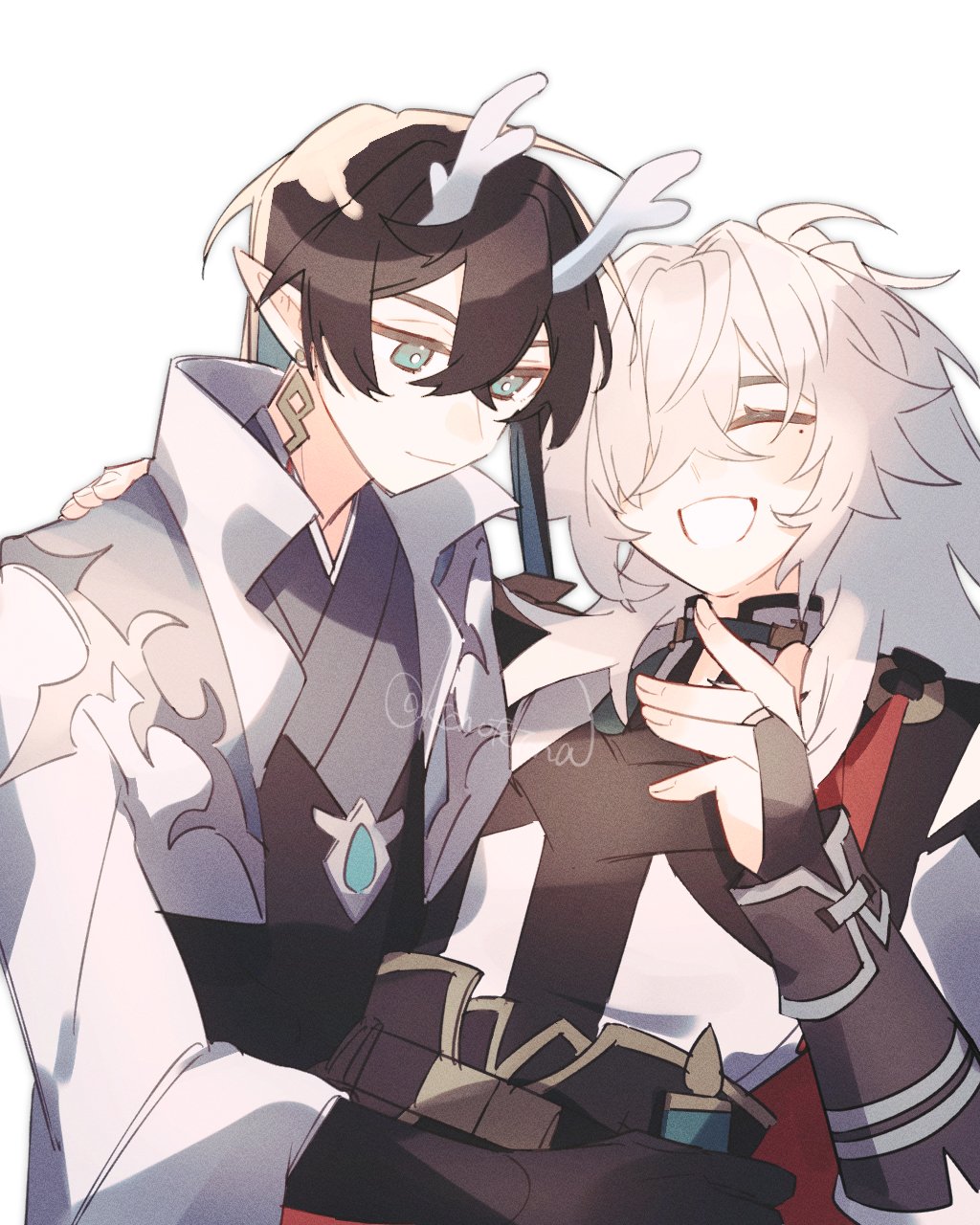 this is an anime illustration of two men, one with white hair and one with black hair, smiling and hugging each other. the man with black hair is wearing a white outfit with silver accents, a teal gem on his chest, and antlers on his head. the man with white hair is wearing a black outfit with red accents and a red scarf. the background is white.