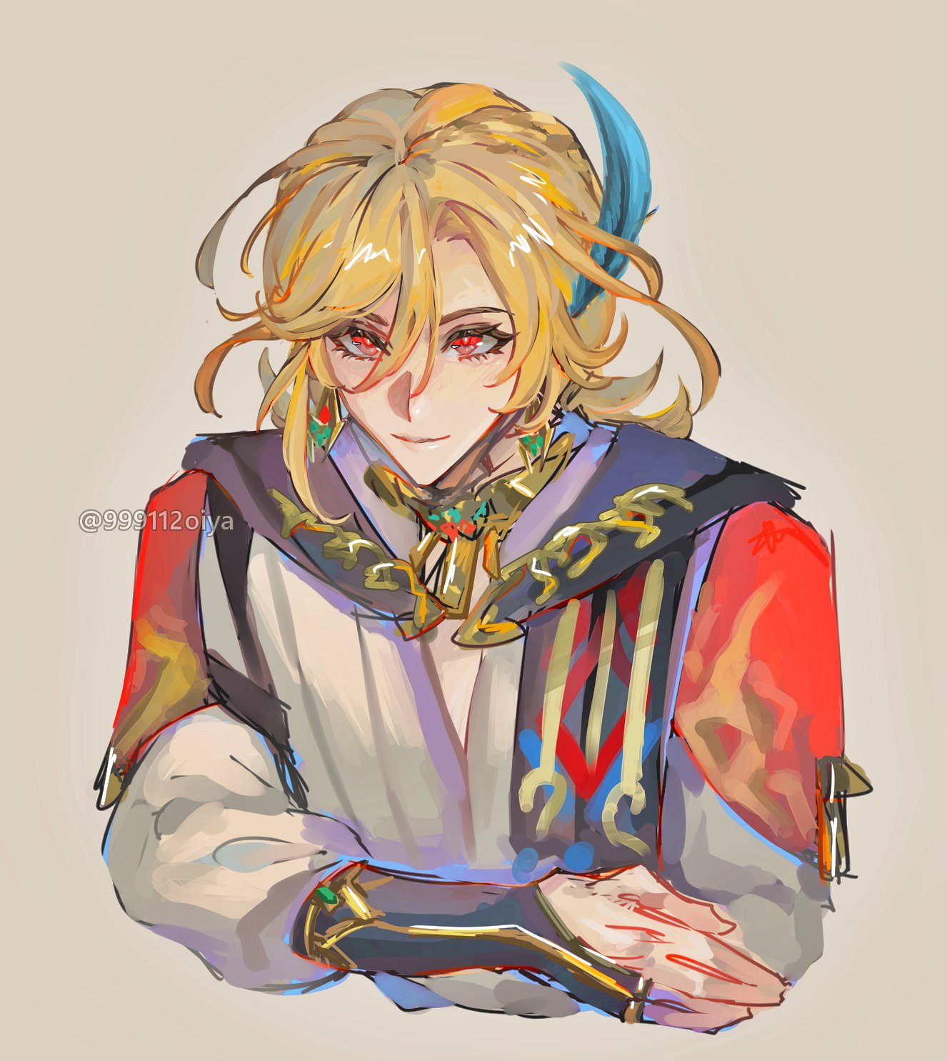 the image is a digital painting, likely fanart, depicting alhaitham from genshin impact. he is presented in a closeup, halfbody portrait. his style is depicted with long, blond hair, striking red eyes, and an elaborate outfit featuring red and gold accents, long sleeves, and a distinctive blue feather detail. the art style is loose and expressive, focusing on capturing the character's personality and the vibrancy of the colors. the overall impression is one of elegance and sophistication. the background is a simple, muted beige, keeping all attention on the character.