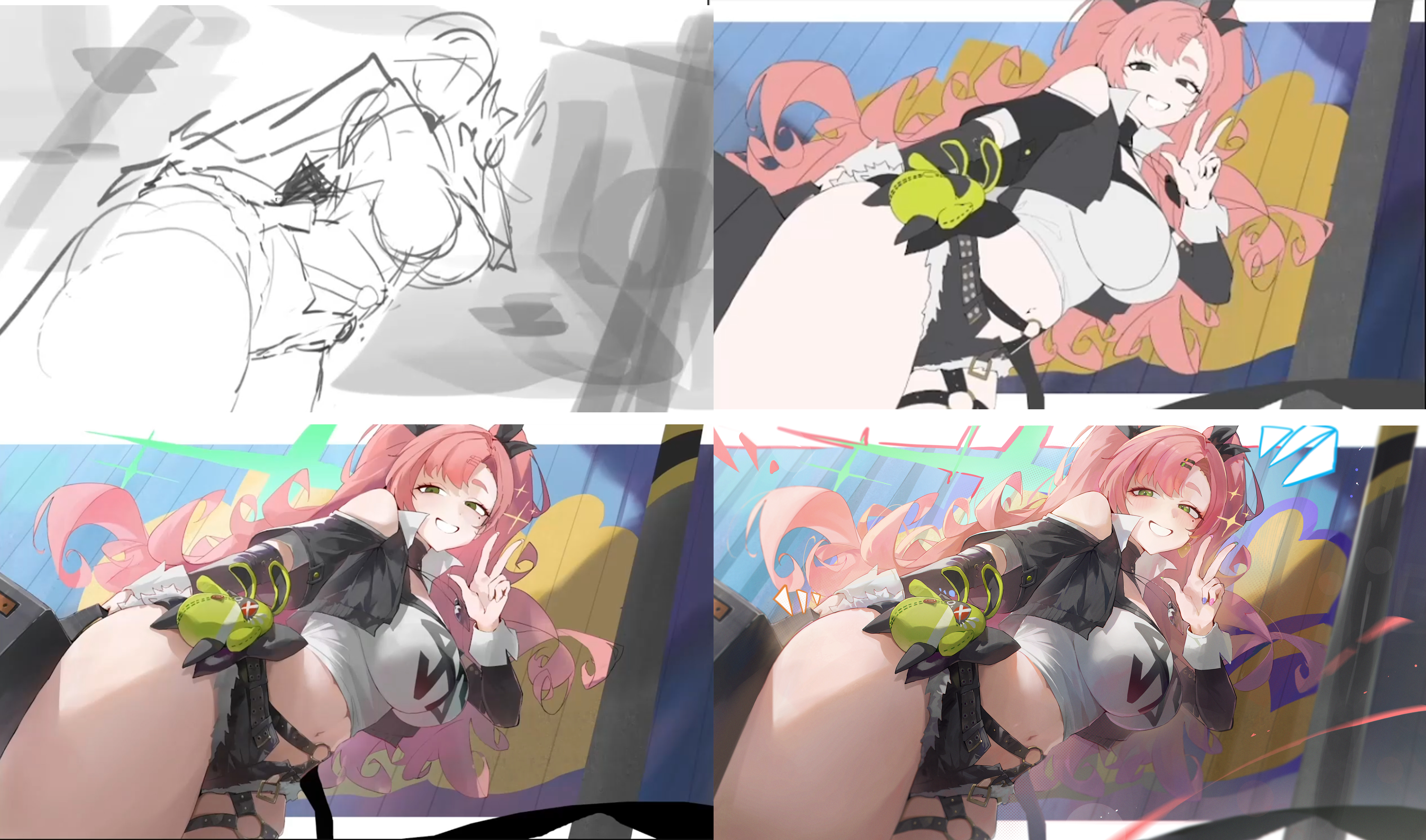 he image shows the process of creating a digital drawing of an anime girl. the top left panel shows a rough sketch of the character, while the top right panel shows a more refined sketch with color added. the bottom left panel shows the final artwork with more detail and shading, and the bottom right panel shows a slightly different version of the final artwork with some added effects. the anime girl has long pink hair, is wearing black clothing, and is making a peace sign. the background is vibrant and colorful, with graffitilike elements.