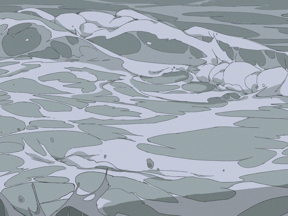 a closeup, abstract illustration of an ocean wave, depicted in shades of blue, gray, and white. the image focuses on the texture and flow of water, with swirls, ripples, and foam creating an abstract and organic pattern. the wavy lines and flowing forms suggest the movement and dynamism of the sea. the color palette is cool and soothing, reminiscent of a calm and peaceful ocean scene. the overall style is stylized and digitally rendered, reminiscent of an animated or graphic design aesthetic. the image could be used as a background, texture, or design element in various creative projects.