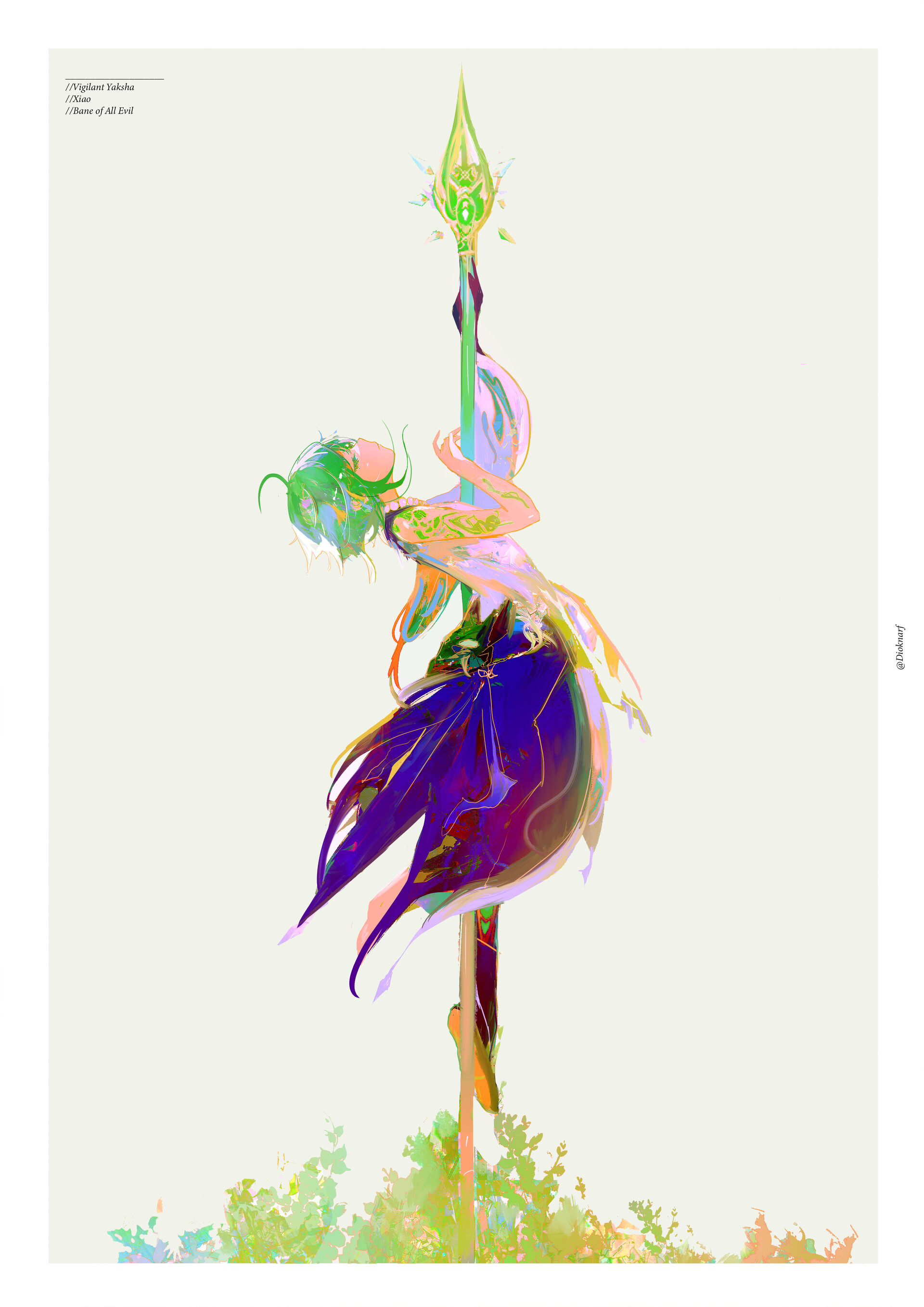 the image is a digital illustration of a young woman with green hair, holding onto a staff. she is wearing a flowing purple and white dress that seems to have winglike elements. the scene is set outdoors with a grassy field. the style is reminiscent of anime or manga.