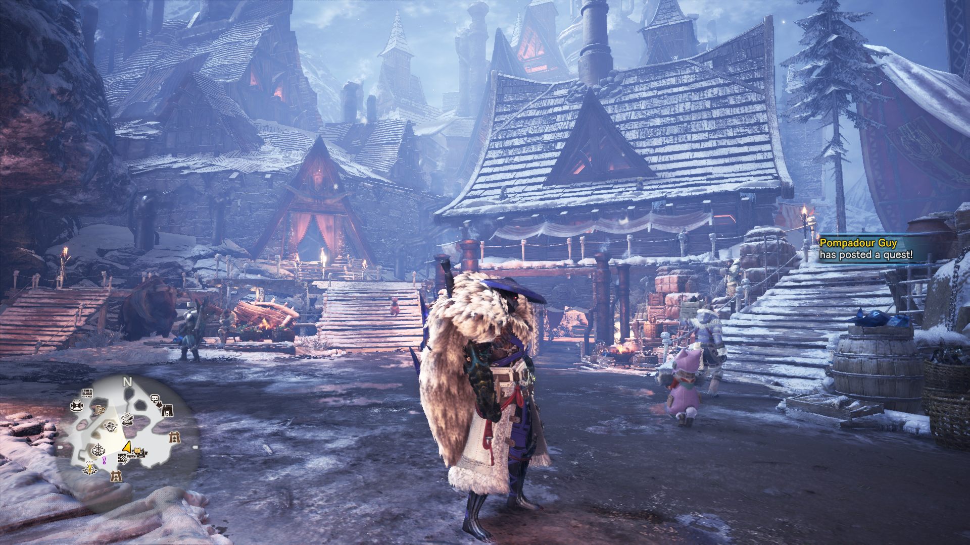 this is a screenshot from the video game monster hunter world: iceborne. the image showcases the seliana gathering hub, a bustling social space where players can interact. the environment is a snowy village nestled amidst towering, snowcapped mountains. the lighting is predominantly ambient, with warm hues emanating from the buildings, creating a cozy atmosphere. the perspective is thirdperson, positioned behind the player's hunter character.  the hunter is clad in warm winter gear, including a thick fur cloak. the overall palette reflects the cold and snowy setting with cool blues, grays, and whites.
