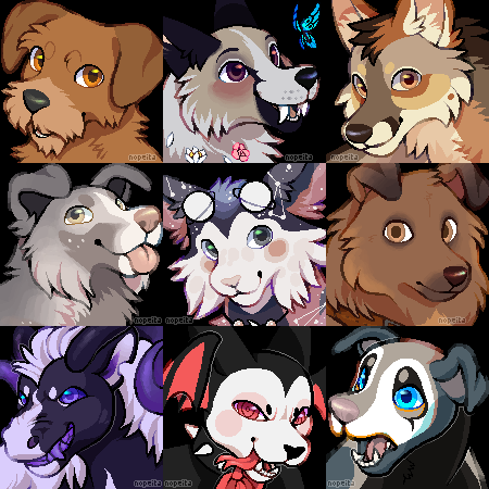 a grid of nine pixel art drawings of dog and doglike creature heads. the top row has three dogs, a golden retriever, a border collie, and a coyote. the middle row has a grey and white dog, a fluffy black and white dog with goggles, and a brown dog. the bottom row has a purple and white dragonlike creature, a black and white dog with red eyes, and a black and white dog with blue eyes. all of the dogs are facing the viewer and have friendly expressions.