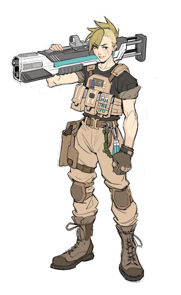 the image showcases a stylized illustration of a female soldier. she's depicted in a dynamic pose, confidently holding a large, futuristic rifle across her shoulders. her attire consists of a tactical vest brimming with pouches, suggesting ample ammunition and supplies, complemented by beige combat trousers and sturdy boots. knee pads provide extra protection. her expression is determined, and her short, blonde hair adds to her strong, modern aesthetic. the artwork style is akin to concept art for video games or graphic novels, emphasizing character design and a futuristic military setting.