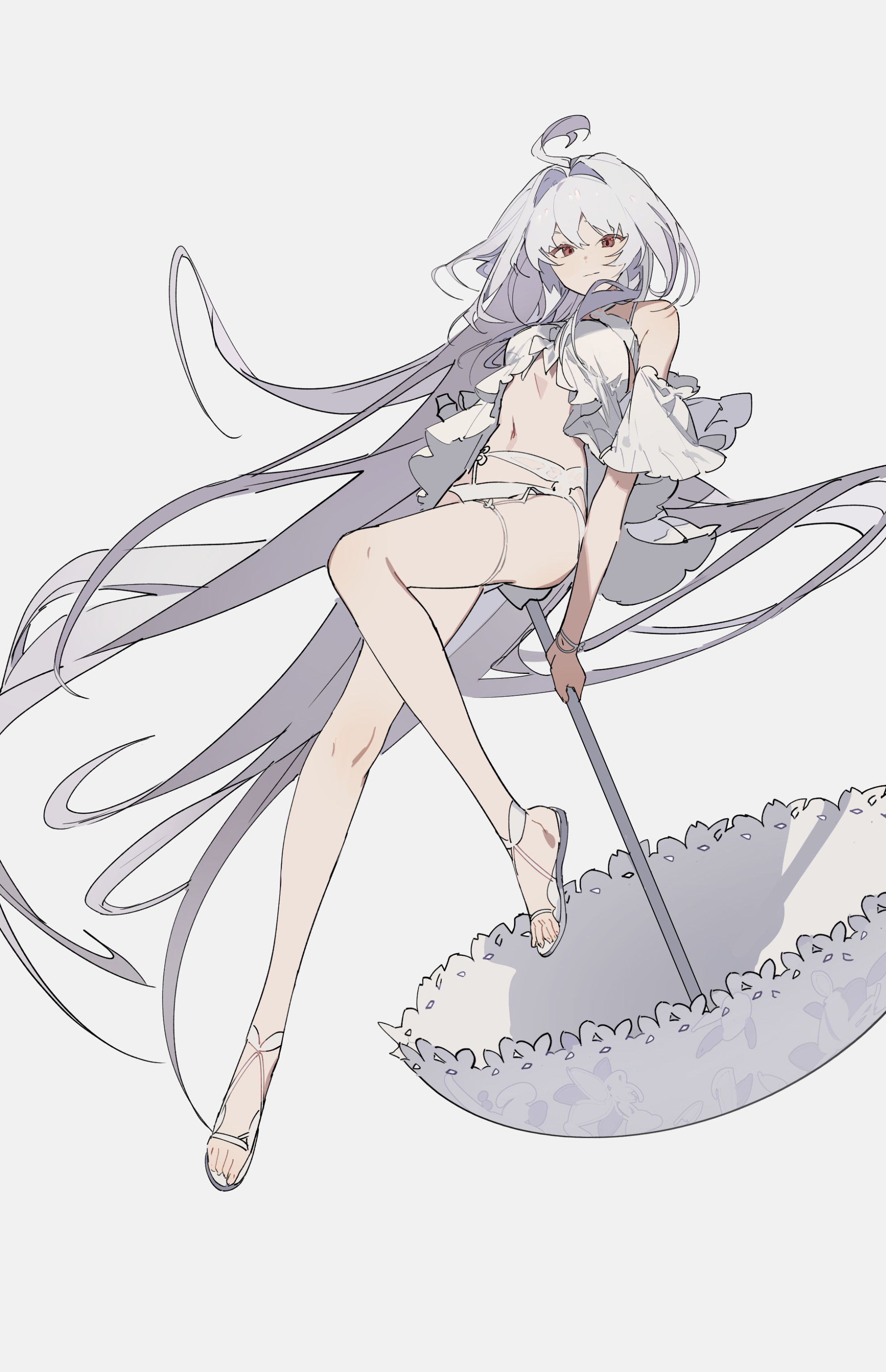 a full body anime illustration of a young woman with long white hair, red eyes and pale skin. she's wearing a ruffled white dress, is barefoot with sandals, and is holding a large white umbrella.
