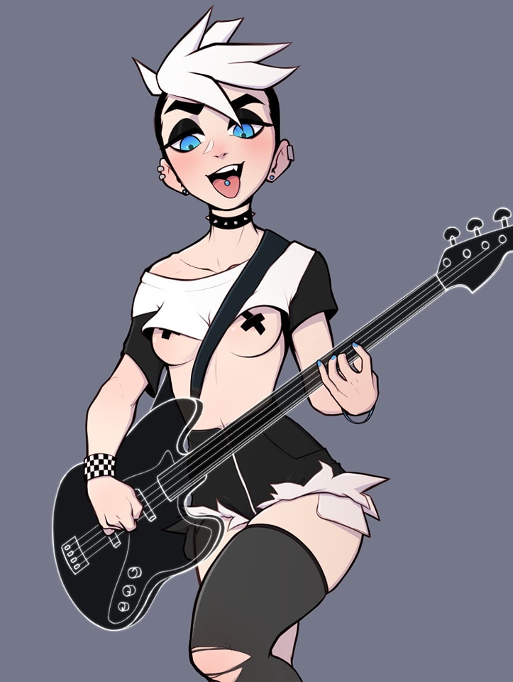 a cartoon image of a punk woman playing a black and white bass guitar. she has white hair, blue eyes, and is sticking out her tongue with a piercing. she is wearing a choker, a black and white cropped top, a black and white skirt, and black thigh high socks. she has multiple piercings in her ears. the background is a solid gray color.