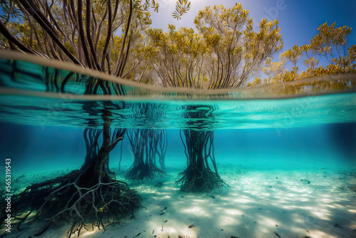 this image shows mangrove trees both above and below the waterline. the top half of the image shows the trees with their branches and leaves. the bottom half of the image shows the roots of the trees submerged in the water. the water is clear and blue, and the sand is white. the sun is shining brightly, creating a beautiful reflection on the surface of the water.