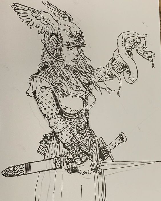 a black and white drawing of a valkyrie wearing a winged helmet and armor, holding a sword in one hand and a snake in the other.