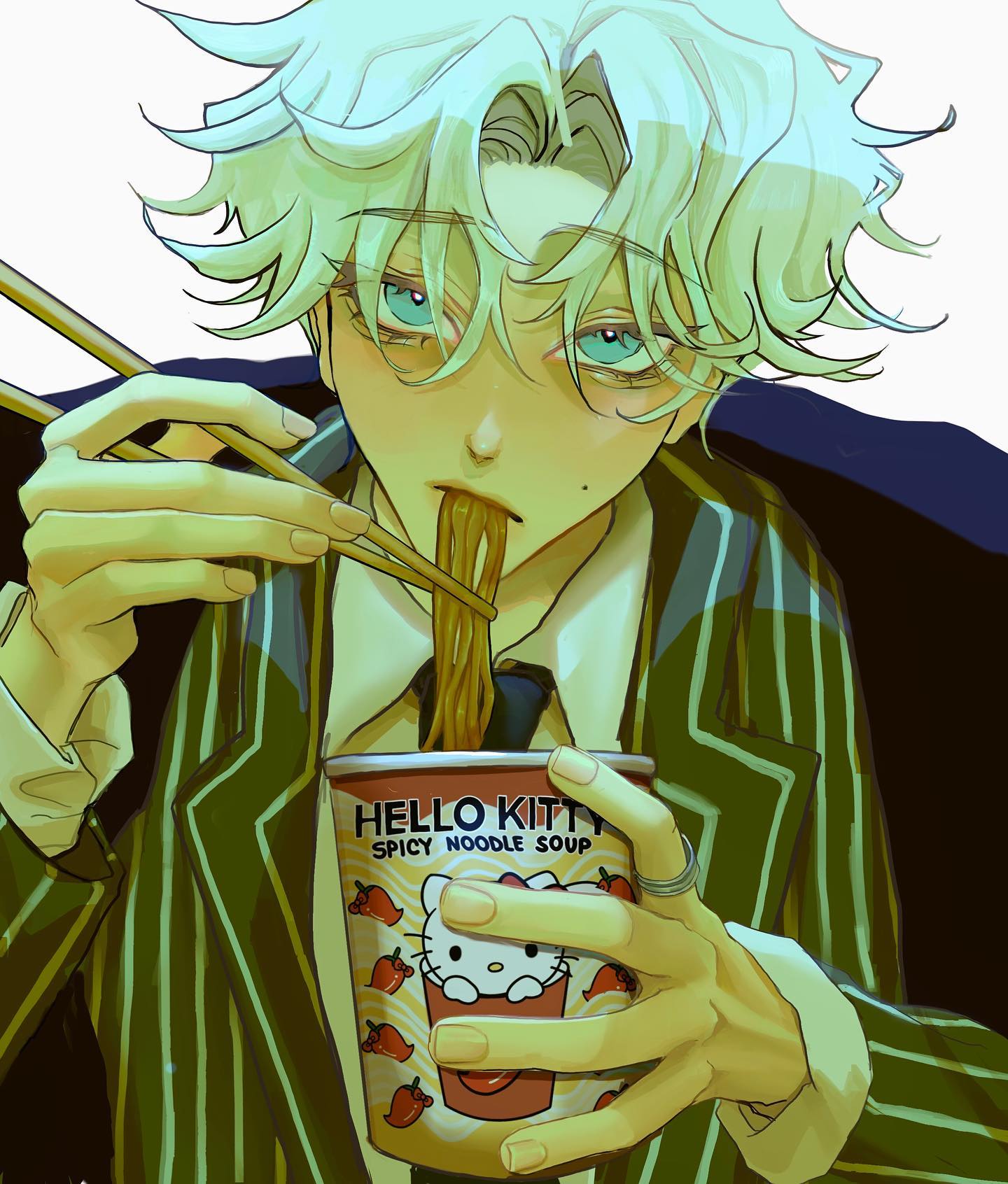 the image is a digital illustration in an anime/manga style, depicting a young man with pale skin and styled light teal hair. he's wearing a smartcasual outfit consisting of a green and gold pinstripe suit/jacket and a dark tie. he is engrossed in eating a cup of hello kitty branded spicy noodle soup, using chopsticks. the focus is on the character's face and hands, with the noodle cup prominently displayed. the colors are mostly vibrant yellows and greens, creating a warm and eyecatching effect. the overall style is artistic and fashionable with detailed features in the clothing and hair.