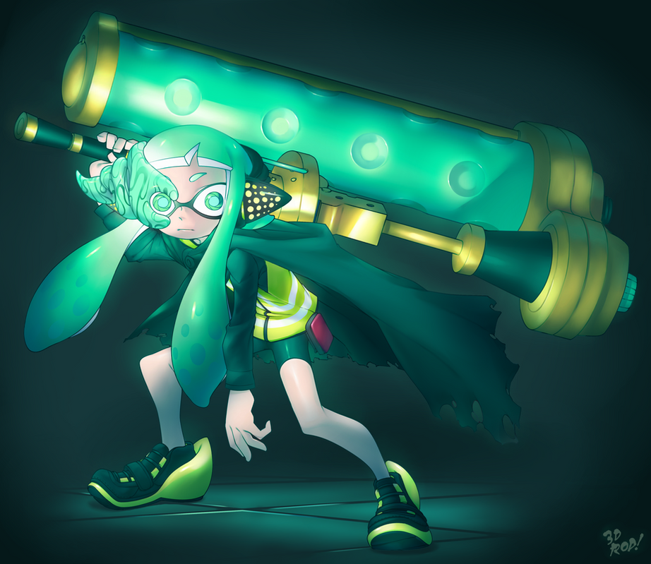 a green inkling girl with a green, gold, and black weapon, a long tube, stands on a dark green floor, facing forward. she is holding a goldcolored weapon with glowing green liquid inside and a gold nozzle on the end. the girl is dressed in a green and yellow jumpsuit, with a black cape. she has black eyes and black hair and is wearing black and yellow shoes. she looks like she's ready for a battle.  the girl's name is written in the bottom right corner of the image.