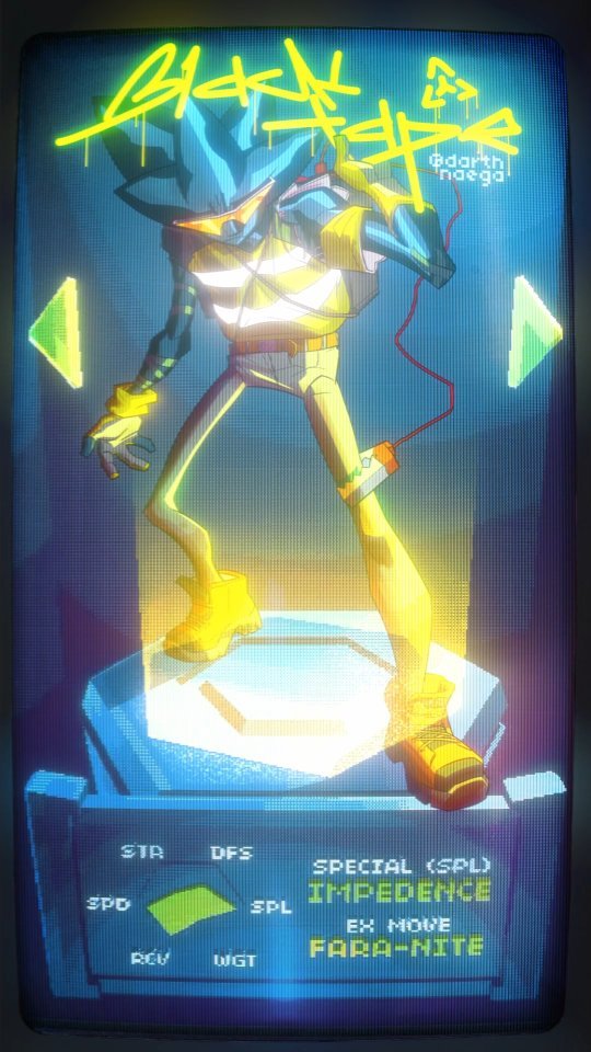 the image is a digital illustration or artwork depicting a character profile screen, possibly from a video game.  the screen showcases a stylized, futuristic character named "black tape" created by artist gadarth naega. the character design features sharp angles, a vibrant color palette of neon blues, yellows, and greens, and a graffitilike style in the name.  the character is posed dynamically, suggesting movement or action. the screen displays stats such as str (strength), spd (speed), and others, along with a special move called "impedance" and an exmove named "faranite".  the overall aesthetic is heavily influenced by cyberpunk and retrofuturistic design elements.