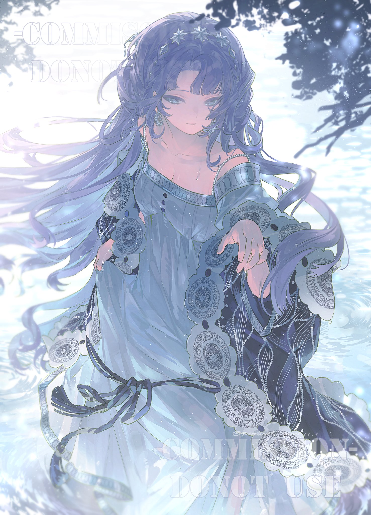 a digital art illustration of an anime girl with long, wavy blue hair standing in water. she is wearing a long, flowing blue dress with intricate designs and embellishments. she also has earrings, a necklace, and a headband with starlike adornments. her hand is extended slightly, and there is a reflection of her in the water. the background includes some trees and foliage. the overall tone is ethereal and dreamy.