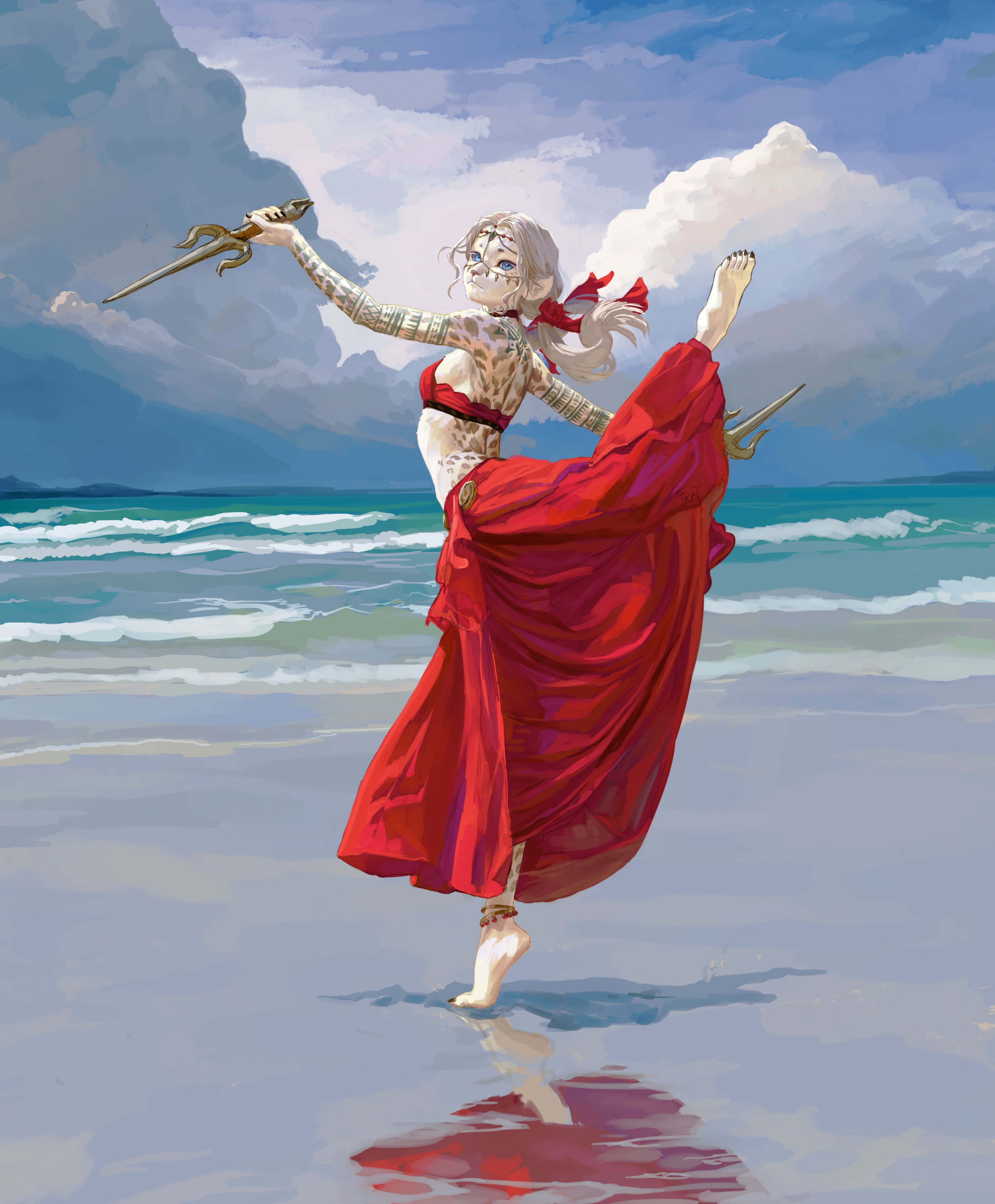 the image depicts a fantasy art piece featuring a woman on a beach, set against an ocean and sky backdrop. she wears a red dress, is barefoot, and has tattoos covering her body. she is performing acrobatics and wielding weapons in her hands. the scene is illuminated by light spots, creating reflections on the beach. the sky features clouds, and the ocean has visible waves.