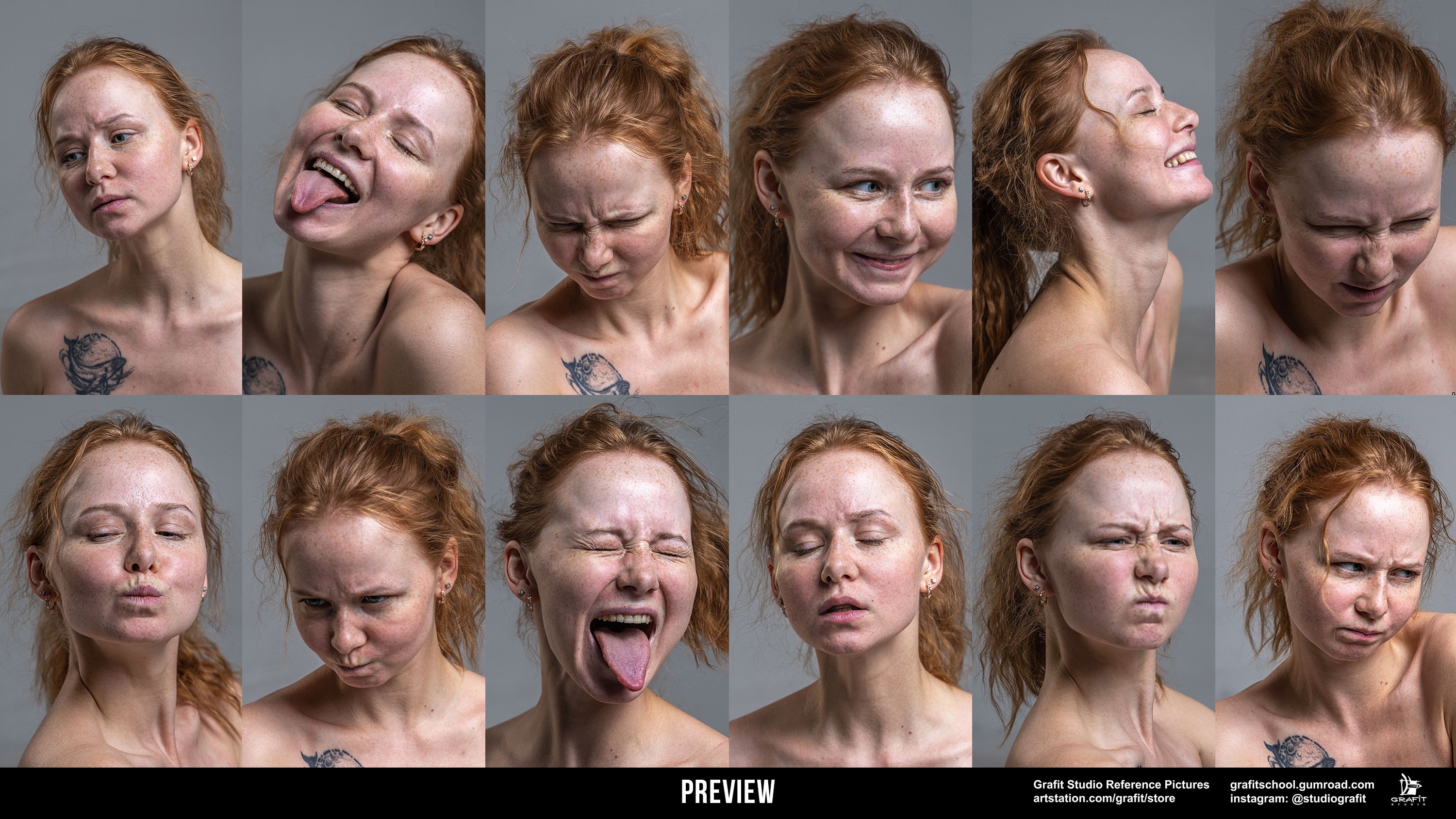 a series of portraits of a woman with different facial expressions, all in black and white. the woman is facing forward in each photo and has her hair pulled back in a ponytail.