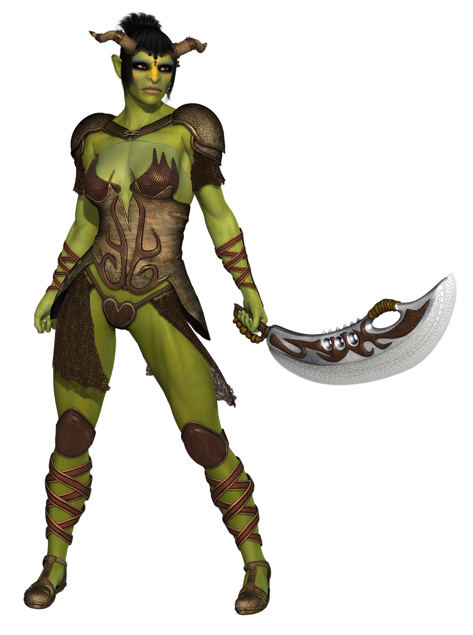 a fullbody digital rendering of a female orc warrior. she has green skin, small horns, and is wearing a leatherlike fantasy armor. she is holding a unique looking sword with a curved blade. the background is black.