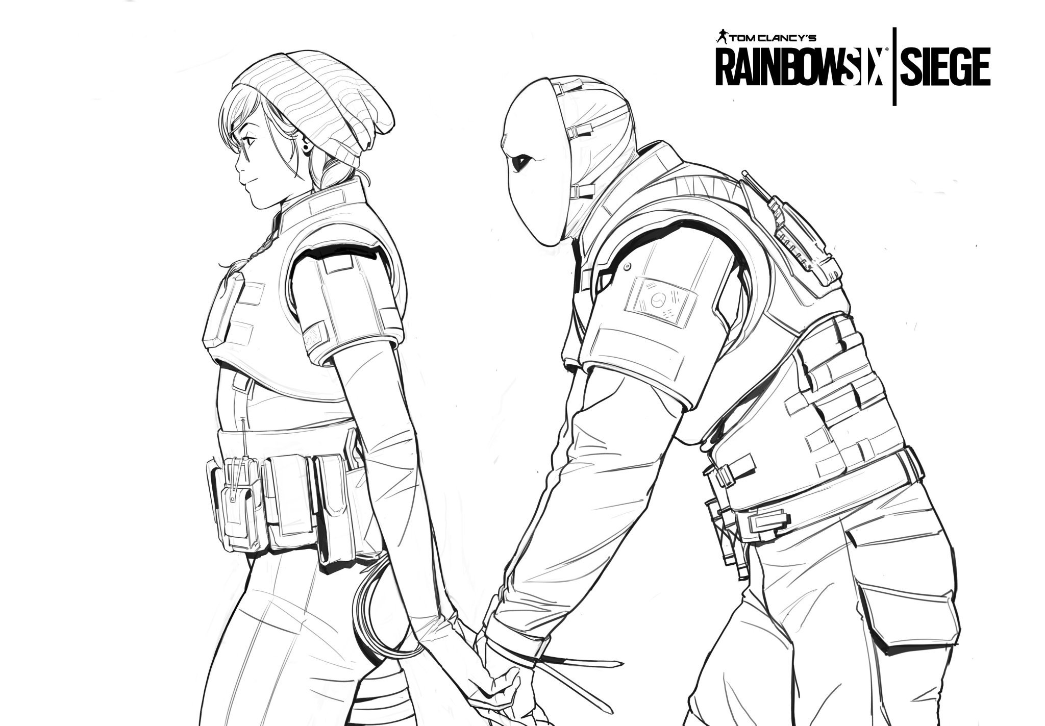 this is a black and white line art drawing of two rainbow six siege operators. a female operator is wearing a beanie and tactical gear. a male operator is wearing a mask and tactical gear. they are holding hands, possibly in a moment of trust or vulnerability.  the rainbow six siege logo is present in the upper right corner. the style is clean and detailed, characteristic of concept art for video games.