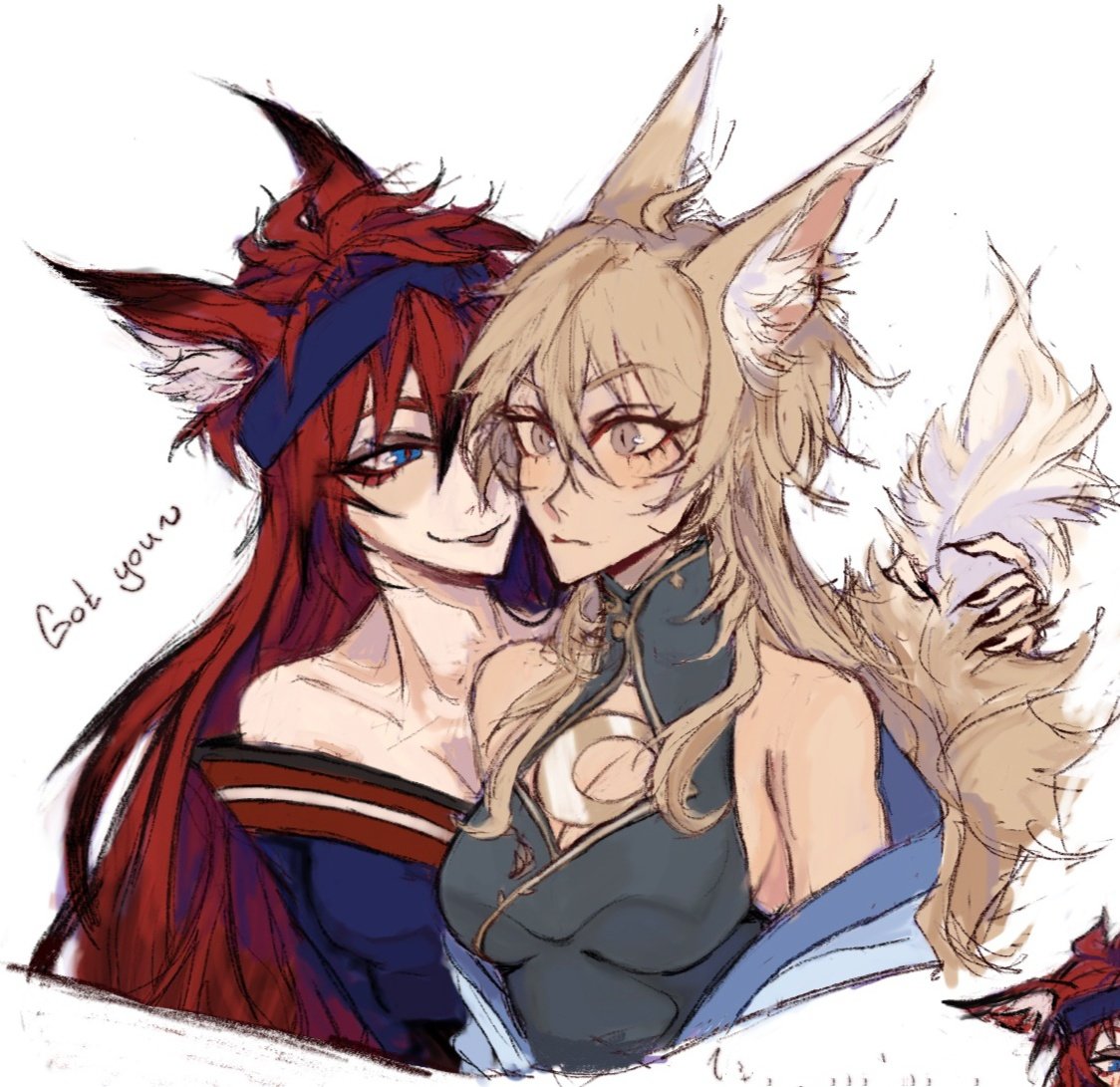 the image shows two anime fox girls. one has long red hair, blue eyes, and is smiling, wearing a blue open shoulder shirt. the other has long blonde hair, yellow eyes, and a serious expression, wearing a dark teal dress with a light blue jacket. both have pointy ears and furry tails.
