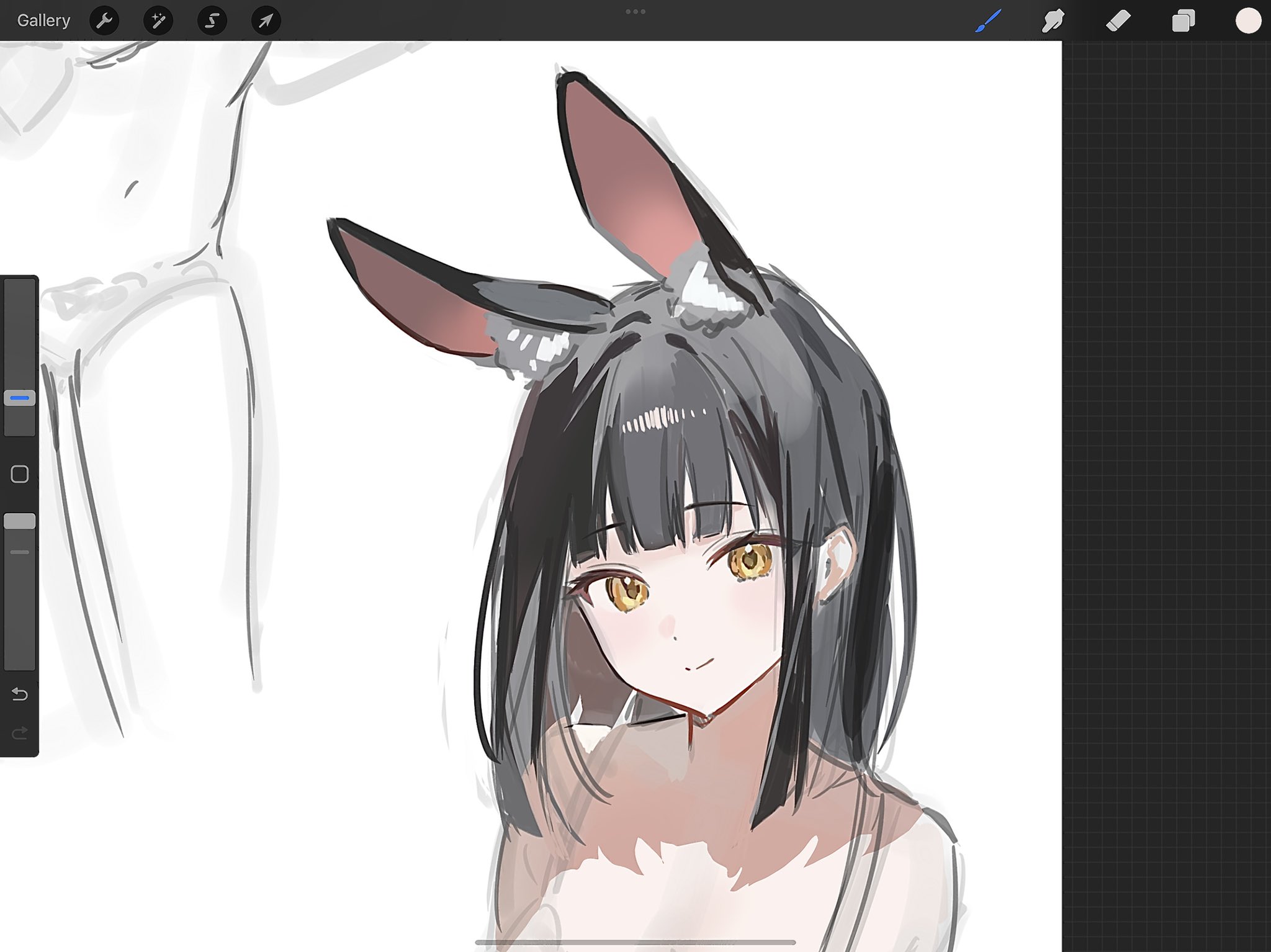 a digital painting in progress of an animestyle girl with rabbit ears. the image shows a closeup of the girl's face and hair, which are rendered in a soft, painterly style. the girl has long black hair, yellow eyes, and a gentle expression.  the background is mostly white, with a faint sketch of a body in the upper left corner. the image is likely created using digital painting software like procreate, as evidenced by the interface elements visible at the top of the image. the overall style is soft and dreamy.
