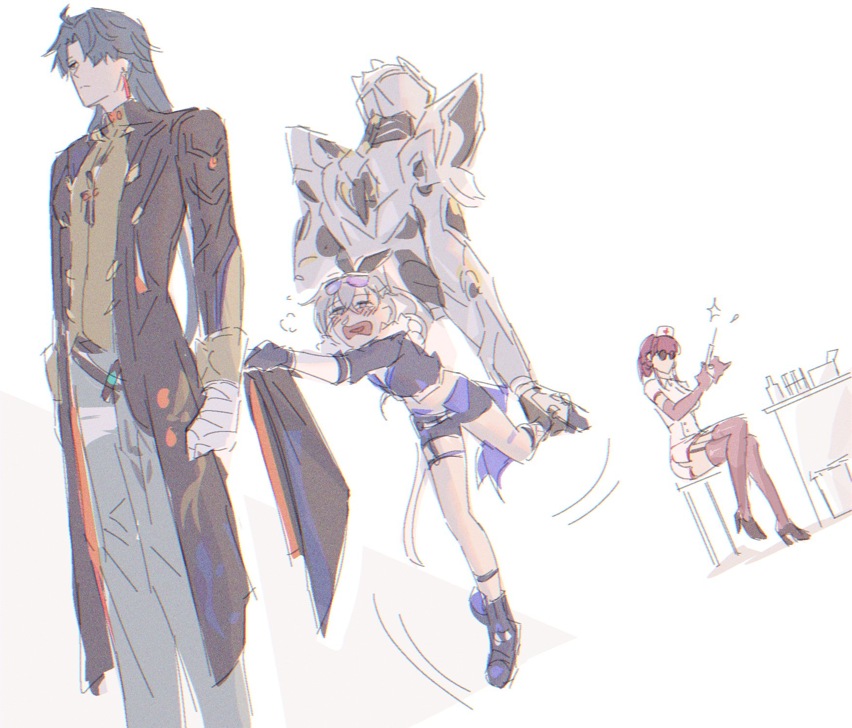 he image is a colorful animestyle illustration depicting three characters in a dynamic scene.  the central focus is a girl with white hair and purple clothing, who appears to be playfully clinging to a large, gray robotic figure.  to the left stands a tall man with long black hair, dressed in a long coat. to the right is a female nurse holding a syringe.  the overall style is loose and sketchy, suggesting a quick and expressive piece of fanart, likely based on characters from a game like honkai impact 3rd or genshin impact. the scene seems to depict a lighthearted or comedic situation, perhaps involving a chase or playful interaction. the characters are expressive, enhancing the scene's dynamic nature.