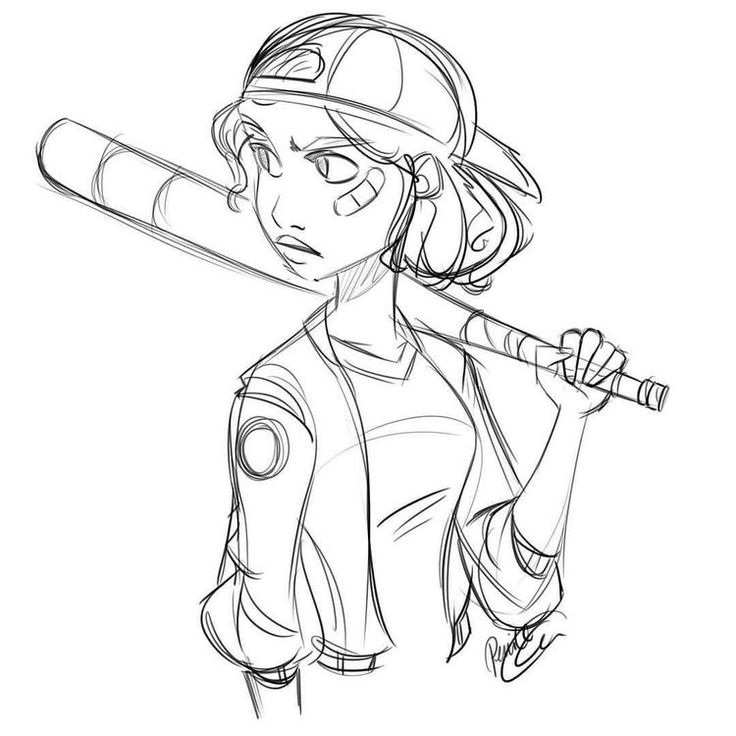 a black and white sketch of a young woman holding a baseball bat. she has a determined look on her face and is wearing a baseball cap and a jacket. the style of the sketch is loose and expressive.
