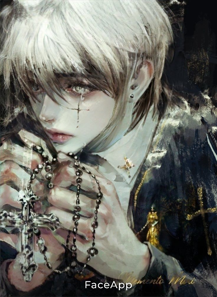 the image is a digital painting or illustration in an anime/manga style. it depicts a paleskinned young man with long, white or silver hair that partially obscures his face. he has a scar on his cheek and is wearing a dark jacket with gold accents and a collar. he holds a rosary with a large cross, suggesting a religious or gothic aesthetic. his expression is melancholic and pensive, creating a mysterious and somewhat sorrowful atmosphere. the artwork is highly detailed and uses a blend of dark and light tones, with a focus on texture and shading.  a faceapp watermark is visible in the bottom right.