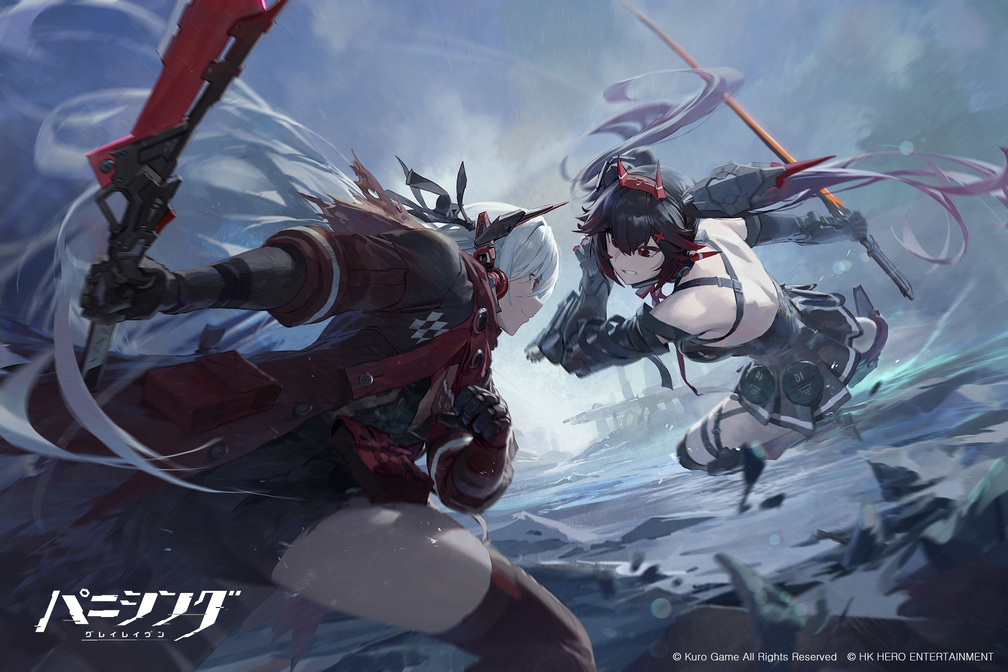 he image depicts an intense fight scene between two anime girls in a snowy, desolate environment. the girl on the left, with white hair and a red and black outfit, lunges forward with a large, redbladed weapon. the girl on the right, with black hair and a revealing black and purple outfit, leaps away, wielding a long, black staff.  both characters are heavily stylized in a typical anime fashion, with exaggerated features and flowing clothing. the background features a bleak landscape of ice, snow, and the remnants of destroyed structures, all rendered in a palette of cool, desaturated colors. the overall mood is one of action and drama, heightened by the dynamic poses of the characters and the dramatic setting.