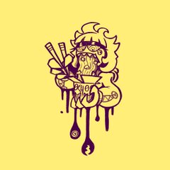 the image showcases a cartoon character, seemingly a monster, enjoying a bowl of ramen.  the character, drawn with exaggerated features and dripping motifs, sports a trendy streetwear style.  the color palette is dominated by yellows and purples, creating a vibrant and slightly edgy aesthetic.