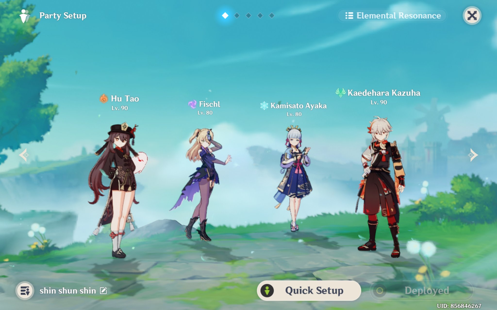 this is a screenshot from the mobile game genshin impact, showing a party setup screen. the player has selected four characters: hu tao, fischl, kamisato ayaka, and kaedehara kazuha. each character's level is displayed next to their name. the bottom of the screen features various buttons, including "shin shun shin", "quick setup", and "deployed." the uid is also visible at the bottom right corner, which is a unique identifier for each player's account.