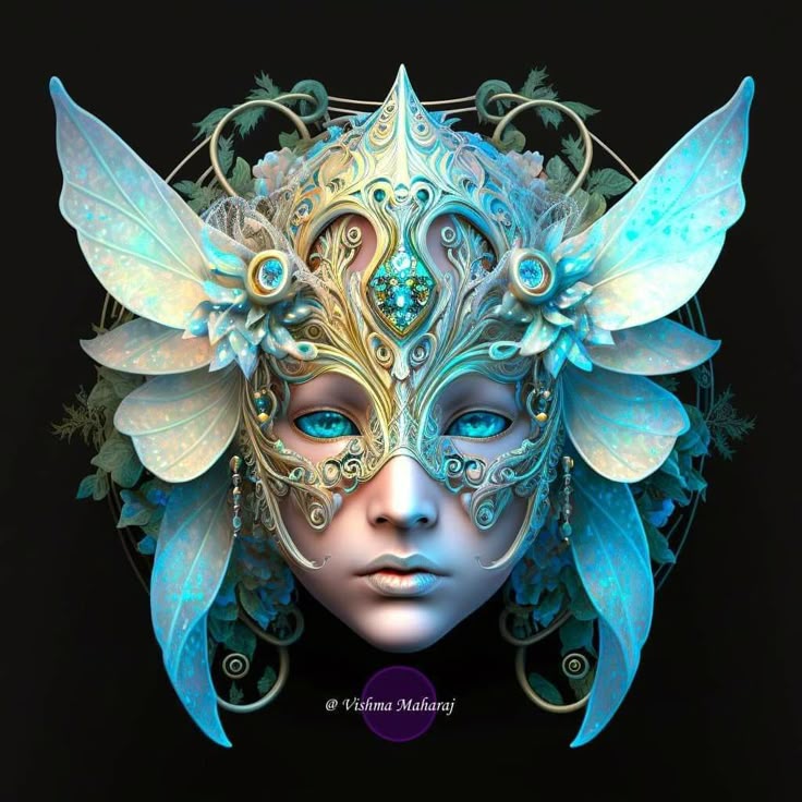 a closeup digital art image showing a face wearing an ornate mask. the mask is intricately designed with blue, gold, and white filigree, jewels, and floral elements. the mask has prominent fairy wings on either side. the face features striking blue eyes. the background is a dark color. the artist's name, vishma maharaj, is also included.